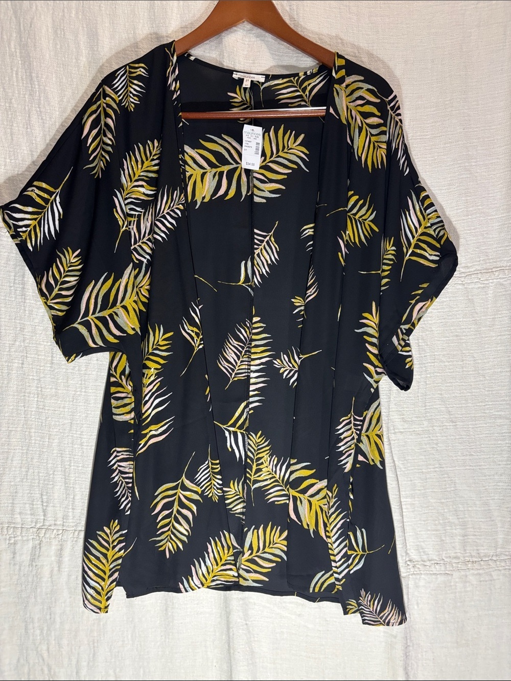 Maurices Black Kimono with Yellow & White Leaf Print
